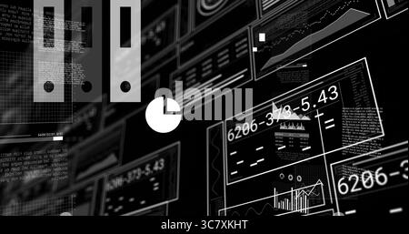 Displaying white pie chart icon hovering over digital interface with binder icons and data panels Stock Photo