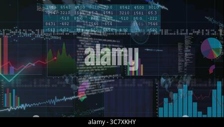 Displaying analytics dashboard in digital workspace, with bar charts and code blocks Stock Photo