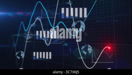 Dashboard displaying data charts in interface, with grid overlay, globes, code and red data point Stock Photo