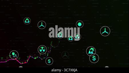 Displaying rising multicolored financial graph on digital dashboard, with eco and finance icons Stock Photo