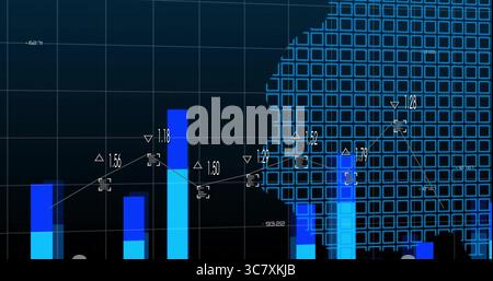 Displaying dashboard data chart showing blue bars and white line graph, numeric labels and grid Stock Photo