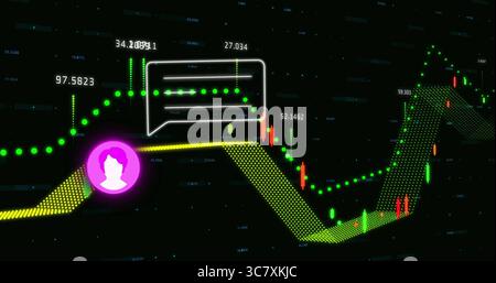 Displaying chart showing green line, candlestick bars and chat bubble at trading platform interface Stock Photo