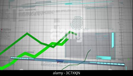 Displaying green line chart rising on dashboard grid featuring numerical annotations and network Stock Photo