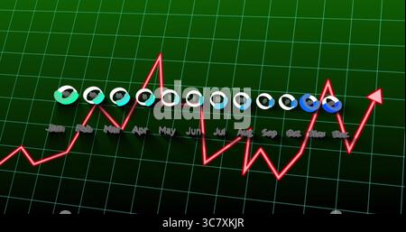 Displaying neon red 3D line graph rising and falling on dark green grid, with donut charts Stock Photo