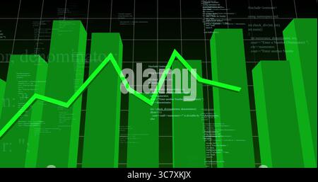 Displaying green bar and neon green line chart graphic on dark grid background, with floating code Stock Photo