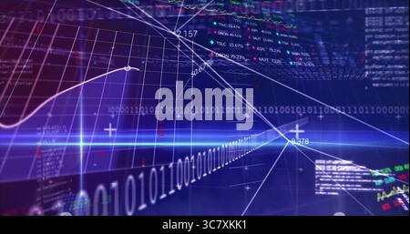 Displaying glowing binary code streams with line graphs in 3D data hub, with numeric overlays Stock Photo