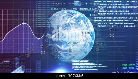 Displaying 3D Earth globe showing data markers and trend lines on dashboard, with code blocks Stock Photo