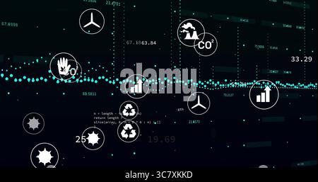Displaying teal data line linking environmental icons on dark dashboard with code snippet Stock Photo