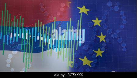 Displaying graphic merging Russian and EU flags on chart, with candlestick bars and line graphs Stock Photo