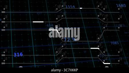 Displaying central data network in virtual interface, with 3D grid, numeric labels and plus symbols Stock Photo