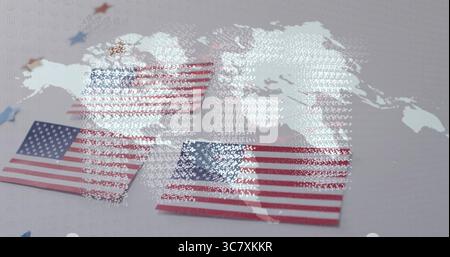 Displaying American flag cards on tabletop with star confetti in red blue gold, world map overlay Stock Photo