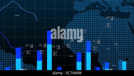 Displaying dashboard on dark interface showing world map, with blue bar charts and white line graph Stock Photo