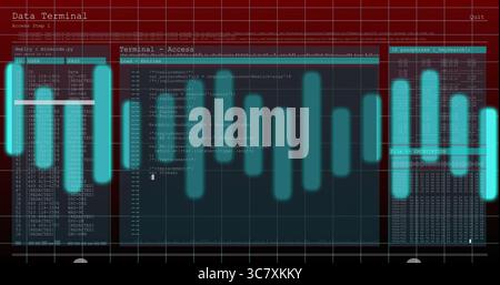 Displaying code window showing code on terminal, with ID and passphrase panels and teal waveform Stock Photo