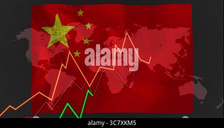 Displaying Chinese flag and world map overlay in digital graphic, with rising colored trend lines Stock Photo
