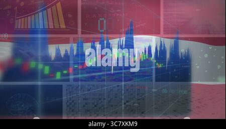 Displaying candlestick chart with line graph over red-white-red backdrop in virtual interface Stock Photo