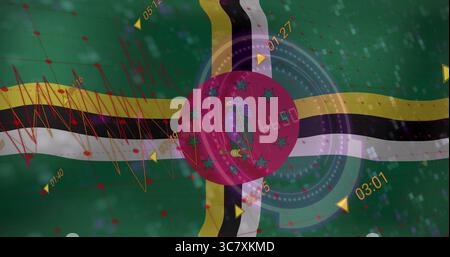 Rendering Dominica flag on digital interface with HUD charts, timestamps, play icons and particles Stock Photo