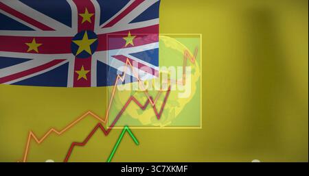 Displaying Niue flag motif overlaying infographic slide, with globe map and rising line graphs Stock Photo