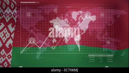 Displaying data overlay on Belarus flag with world map grid markers, line chart, date-time codes Stock Photo