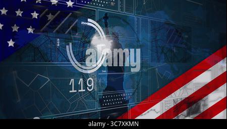 Displaying circular chart with Statue of Liberty silhouette and ‘119' on flag-themed dashboard Stock Photo