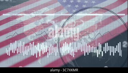 Displaying white vertical waveform bars pulsing on screen over American flag with code snippets Stock Photo