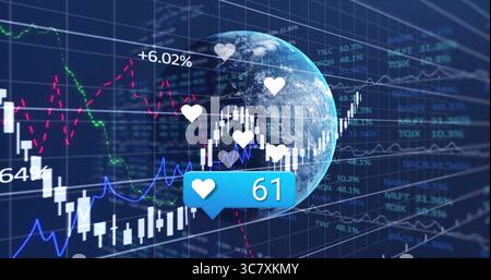 Displaying globe overlaying candlestick and line graphs on data dashboard, with blue heart bubble Stock Photo