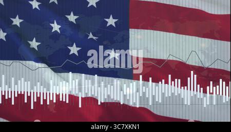 Displaying vertical bar chart, faint line graphs and world map in graphic, with American flag Stock Photo