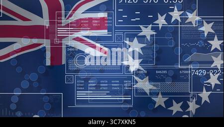 Displaying digital montage merging Union Jack and EU stars on dark blue UI, showing UI panels Stock Photo