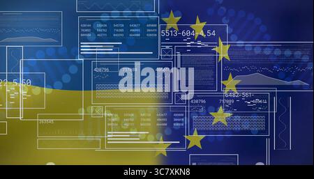 Overlaying interface windows showing numeric data over Ukrainian and EU flag backdrop, with bokeh Stock Photo