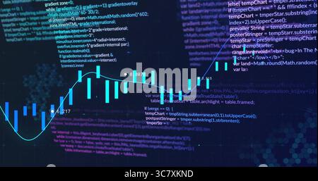 Displaying software dashboard showing cyan candlestick bars and flowing line graph over code grid Stock Photo