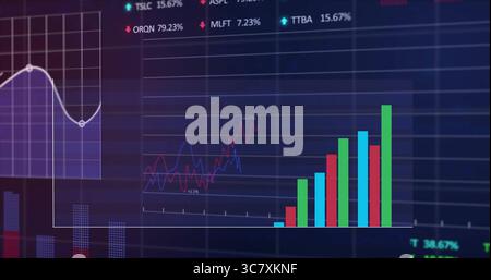 Displaying vertical bar chart rising on financial dashboard, with white gridline chart and tickers Stock Photo