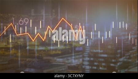 Displaying orange line graph tracing peaks and troughs over dusk city skyline with candlestick bars Stock Photo