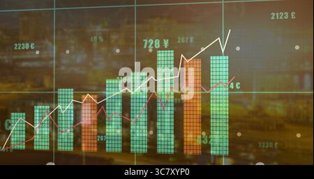Displaying teal and orange bars and white and red lines over blurred skyline, grid, currency labels Stock Photo