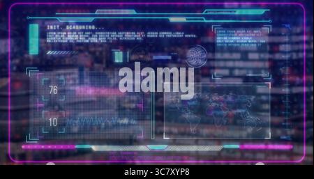 Displaying HUD overlay over city skyline at dusk, with neon purple border and wireframe globe icon Stock Photo