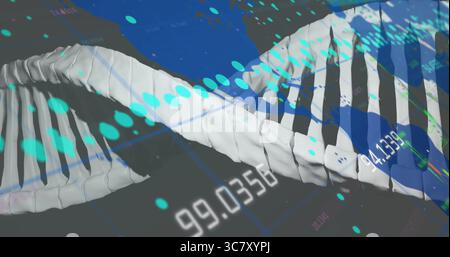 Displaying DNA helix twisting in visualization screen, with numeric data, turquoise dots, gridlines Stock Photo