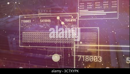 Projecting UI windows displaying keyboard, data panels, network nodes and spheres in control room Stock Photo