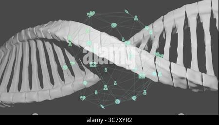 Displaying white ribbon-like DNA strands twisting on dark gray background, with green medical icons Stock Photo