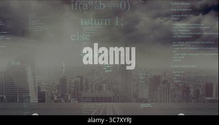 Displaying city skyline overlaid with programming code on wooden rooftop decking, with skyscrapers Stock Photo