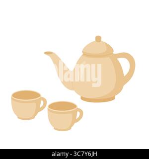 Teapot with two teacups in flat style Stock Vector
