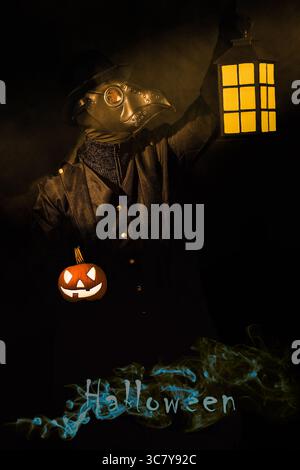 Plague doctor with pumpkin lantern on black smoke background. Creepy ...