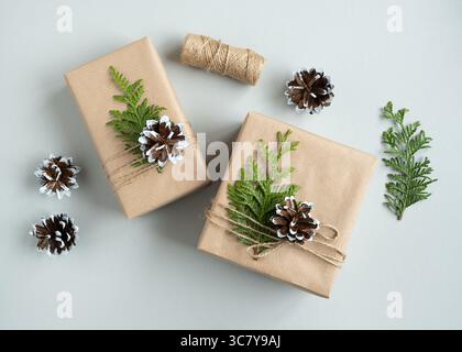Gift boxes made of craft paper with pine cones and thuja on light background. Top view. Stock Photo