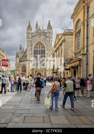 Bath Abbey and Abbey Churchyard with The Pump Room entrance in central Bath, Somerset, UK on 31 July 2025 Stock Photo