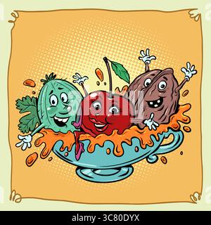 Vitamins and healthy berries, nuts in one cup together. Smiling joyful cherries, walnuts, gooseberries. Proper nutrition and tasty snacks. Stock Vector