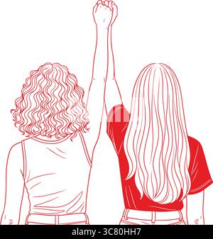 Women Holding Hands Up Vector, Female Friendship Clipart, Power, Unity, Support, Solidarity, Together, Back View, Outline Art, Feminism, Empowerment. Stock Vector
