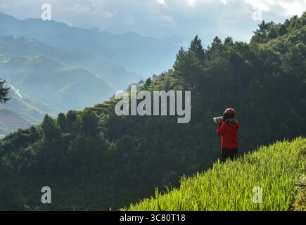 Rear view of a man wearing a helmet standing in a paddy field taking a photo with a telephoto lens, Mu Cang Chai, Yen Bai, Vietnam Stock Photo