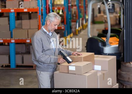 Warehouse worker scanning cardboard boxes with barcode scanner between racks near parked forklift Stock Photo