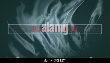 Displaying red PANDEMIC within thin white frame on teal green backdrop, with smoke wisps, red dots Stock Photo