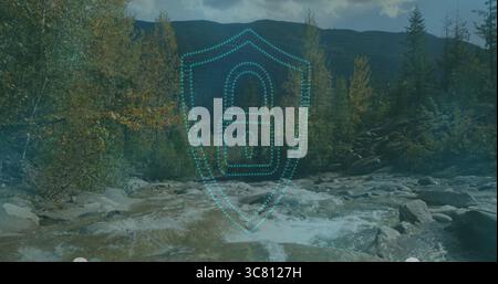 Floating translucent shield containing padlock icon over mountain stream rapids, with pine trees Stock Photo