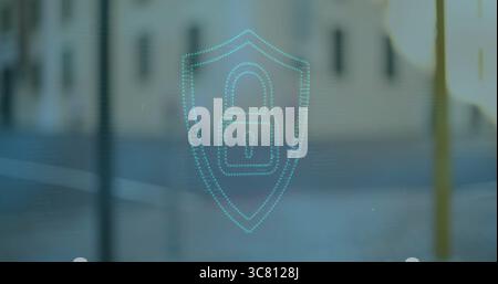 Floating holographic shield icon over blurred city street background, with padlock icon Stock Photo