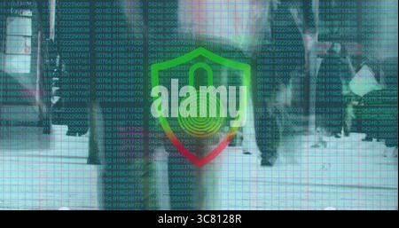 Displaying translucent shield graphic hovering over office corridor, with cascading numeric data Stock Photo