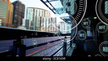 Floating holographic NFT icons hovering over urban transit platform with metal railing and canopy Stock Photo